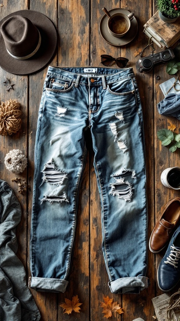 A pair of distressed cinch waist jeans laid out on a rustic wooden surface with accessories
