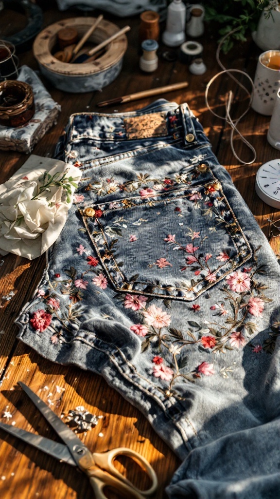 A pair of cinch waist jeans with floral embroidery laid on a wooden table among crafting materials.