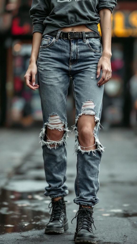 Model wearing cinch waist jeans with ripped knees, styled in an urban setting.