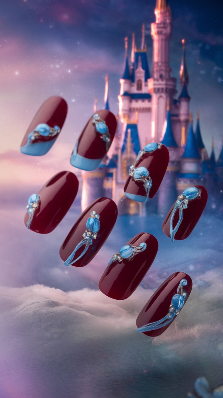 Cinderella-inspired dark cherry red nails with blue accents and gems