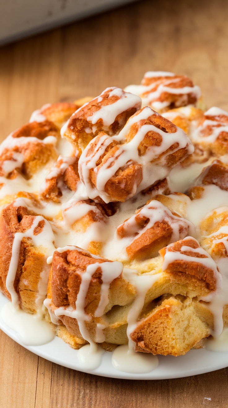 Delicious Cinnamon Roll Bread Pudding topped with cream cheese frosting