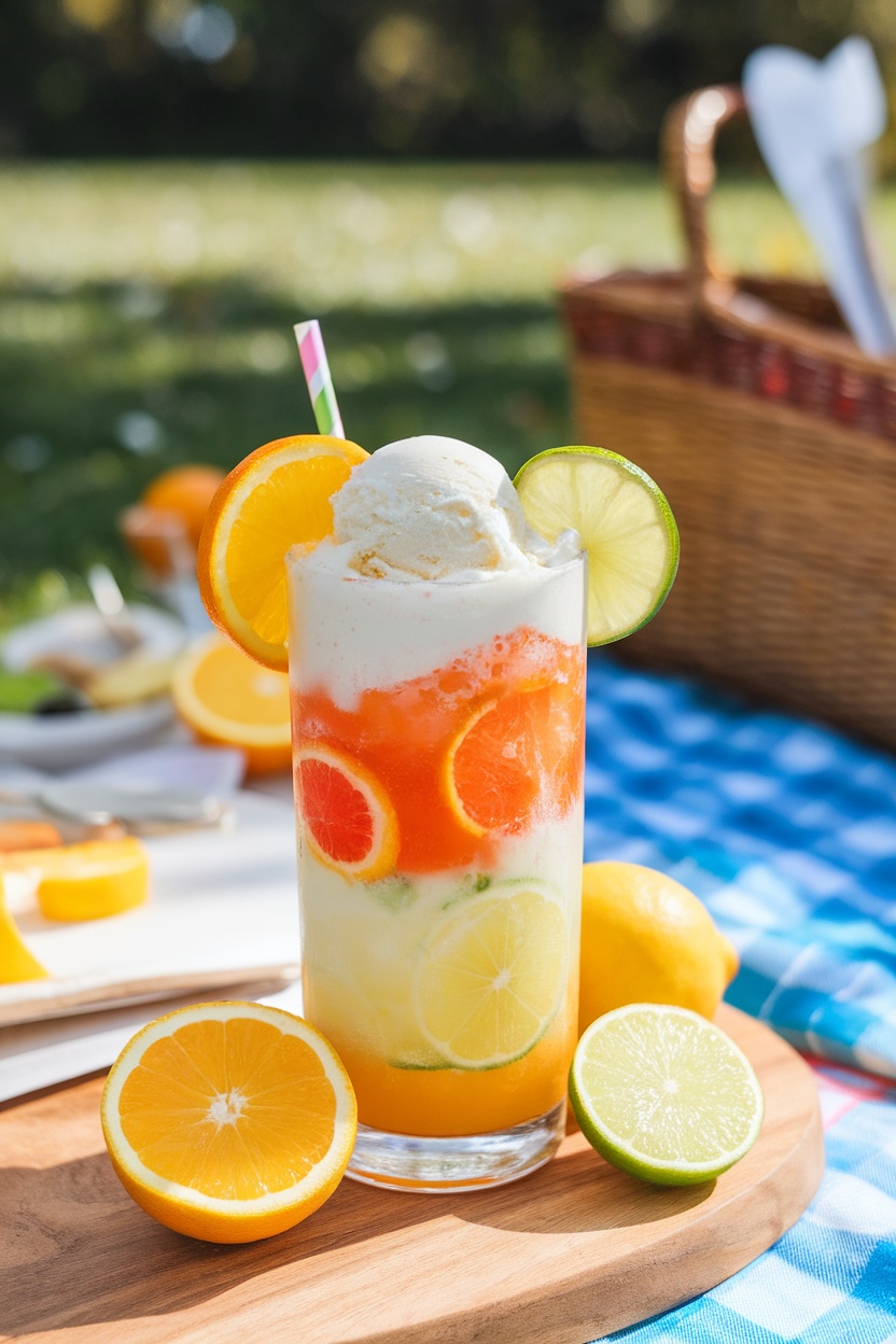 A colorful Citrus Burst Float with ice cream, orange, lemon, and lime slices in a glass, set outdoors.