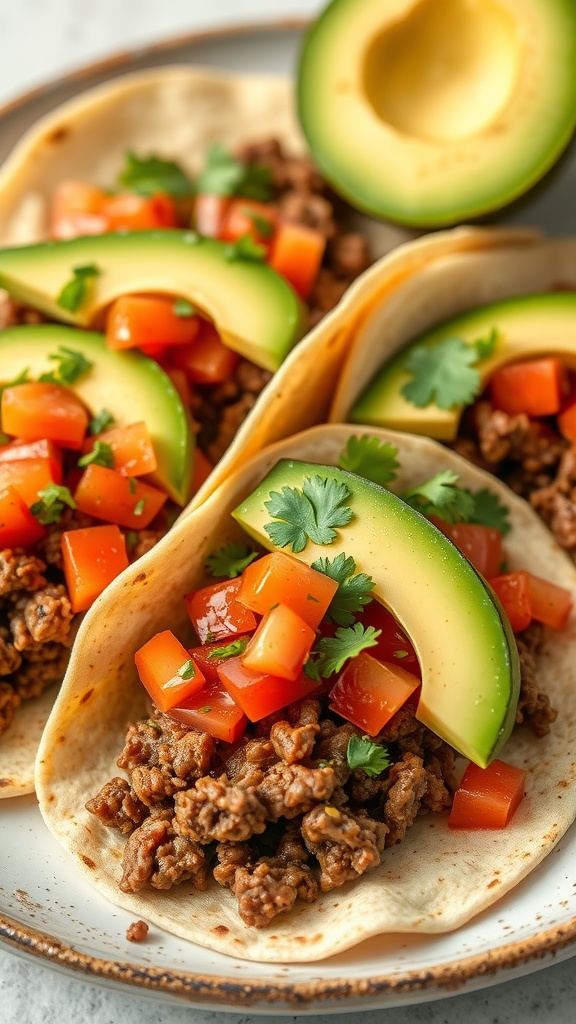 Classic beef tacos with avocado, salsa, and lime wedges