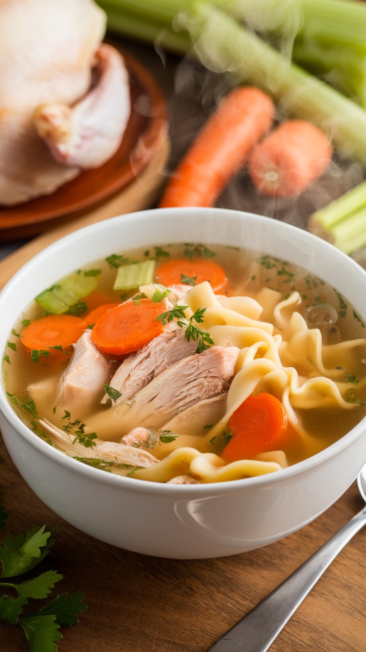 A bowl of classic chicken noodle soup with chicken pieces, noodles, and vegetables.