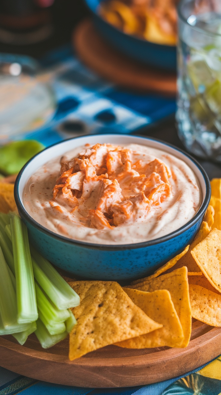 Bowl of creamy buffalo chicken dip served with tortilla chips and celery sticks.