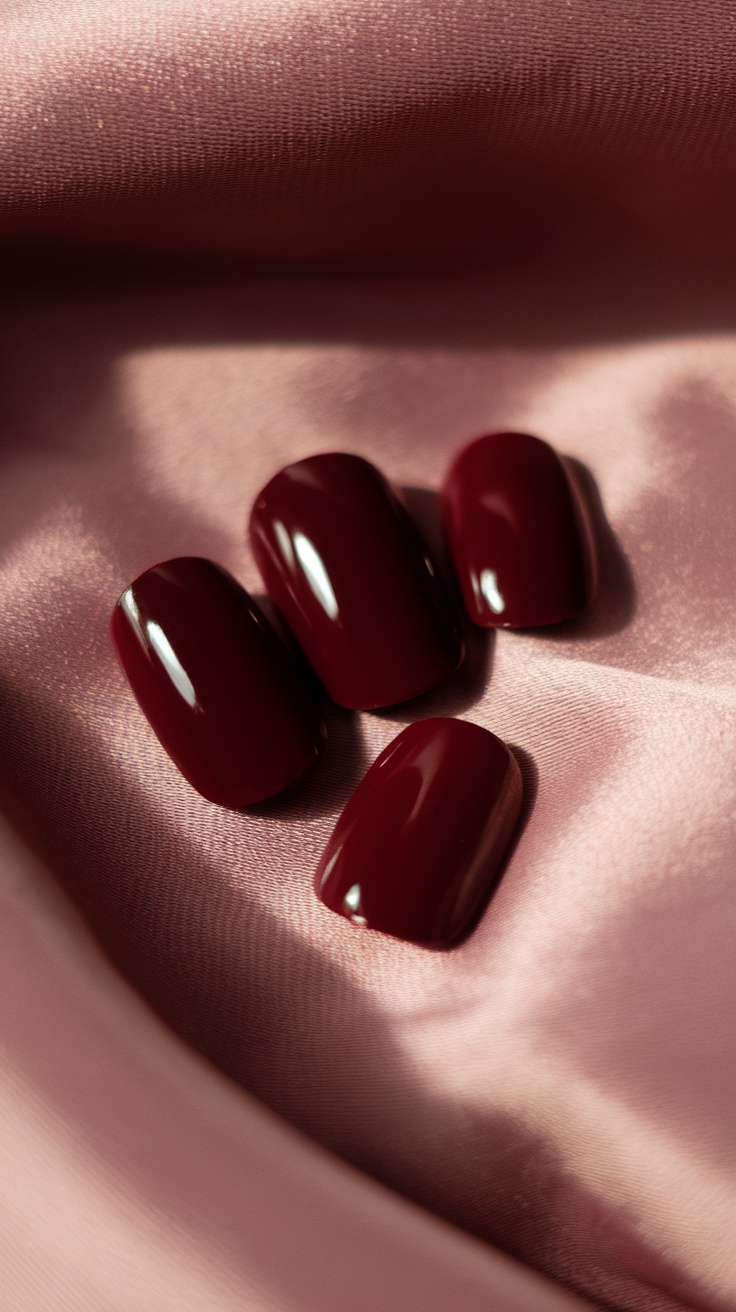 Set of dark cherry red nails on pink fabric