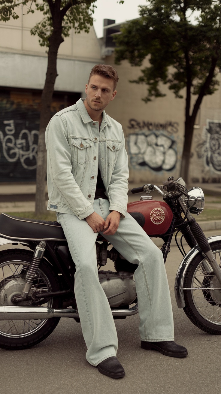 A man in a light denim jacket and matching baggy jeans sitting on a motorcycle.