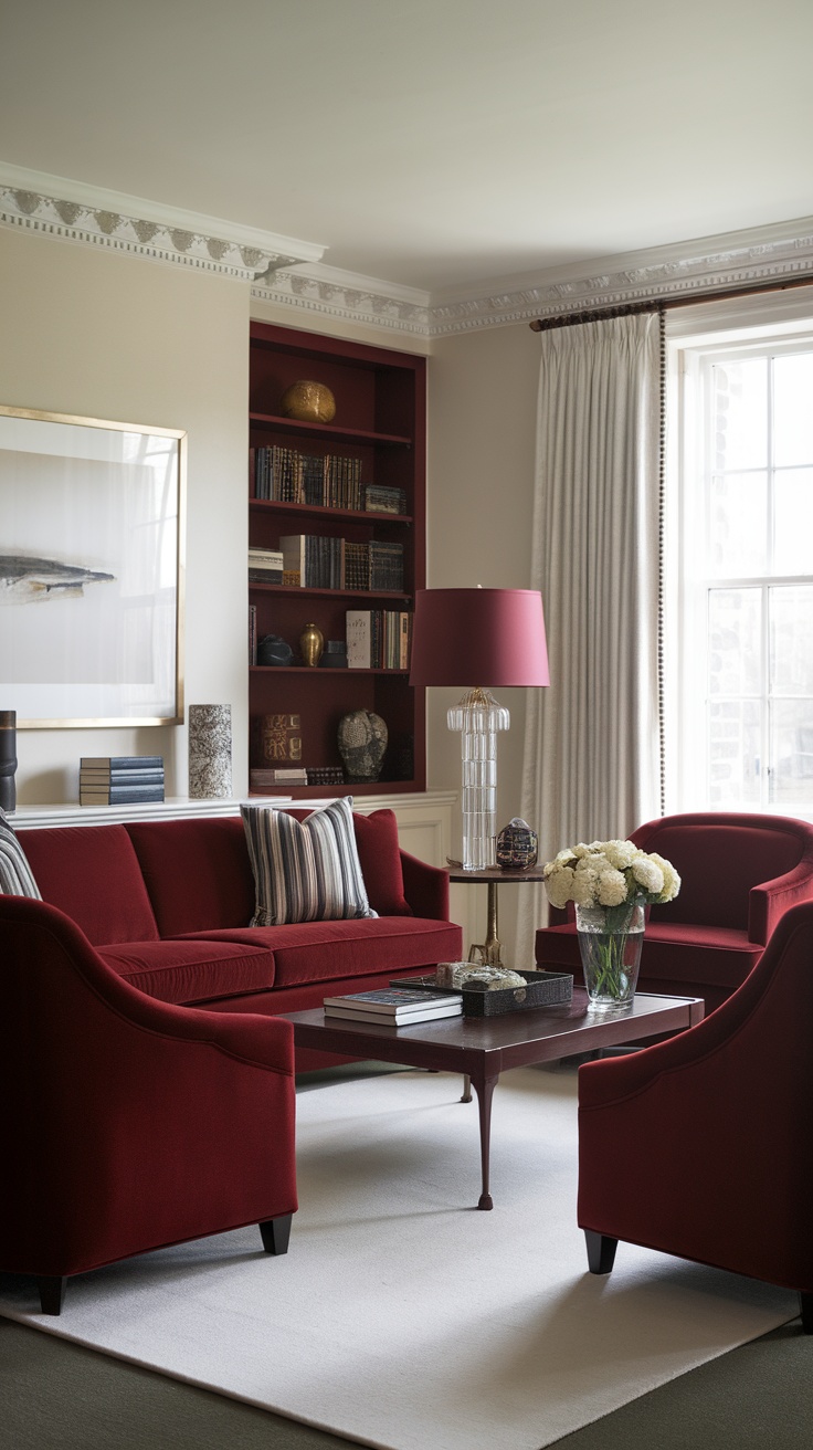 A classic living room featuring dark cherry red furniture, a neutral rug, and elegant decor.