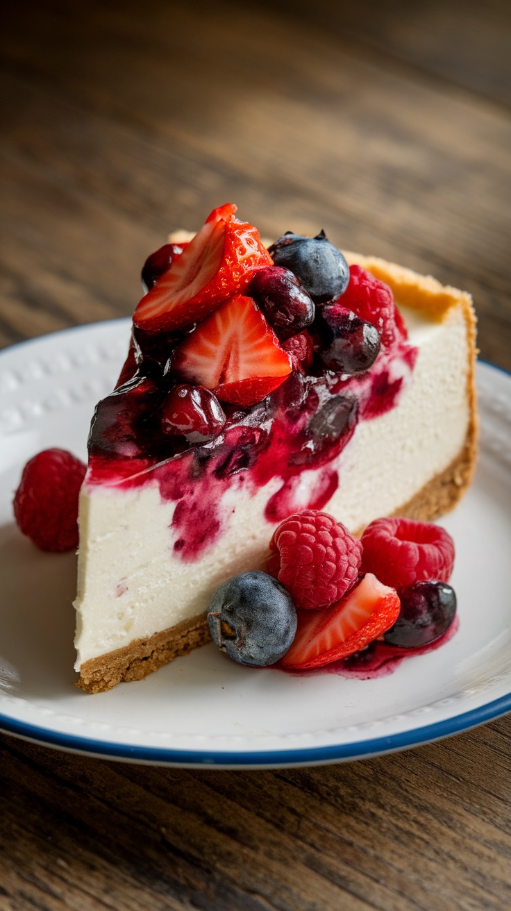 Delicious slice of New York cheesecake topped with mixed berries and compote.