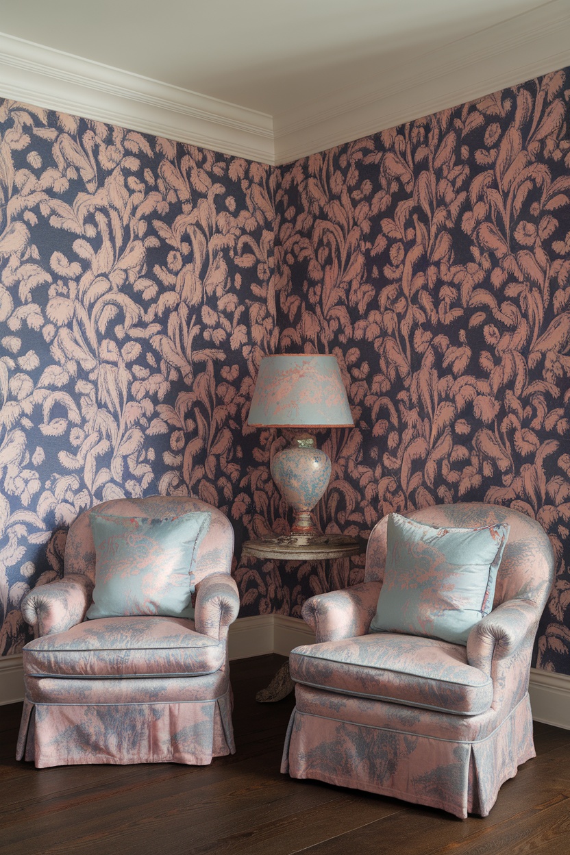 A living room featuring two chairs with Rococo print upholstery against a floral wallpaper.