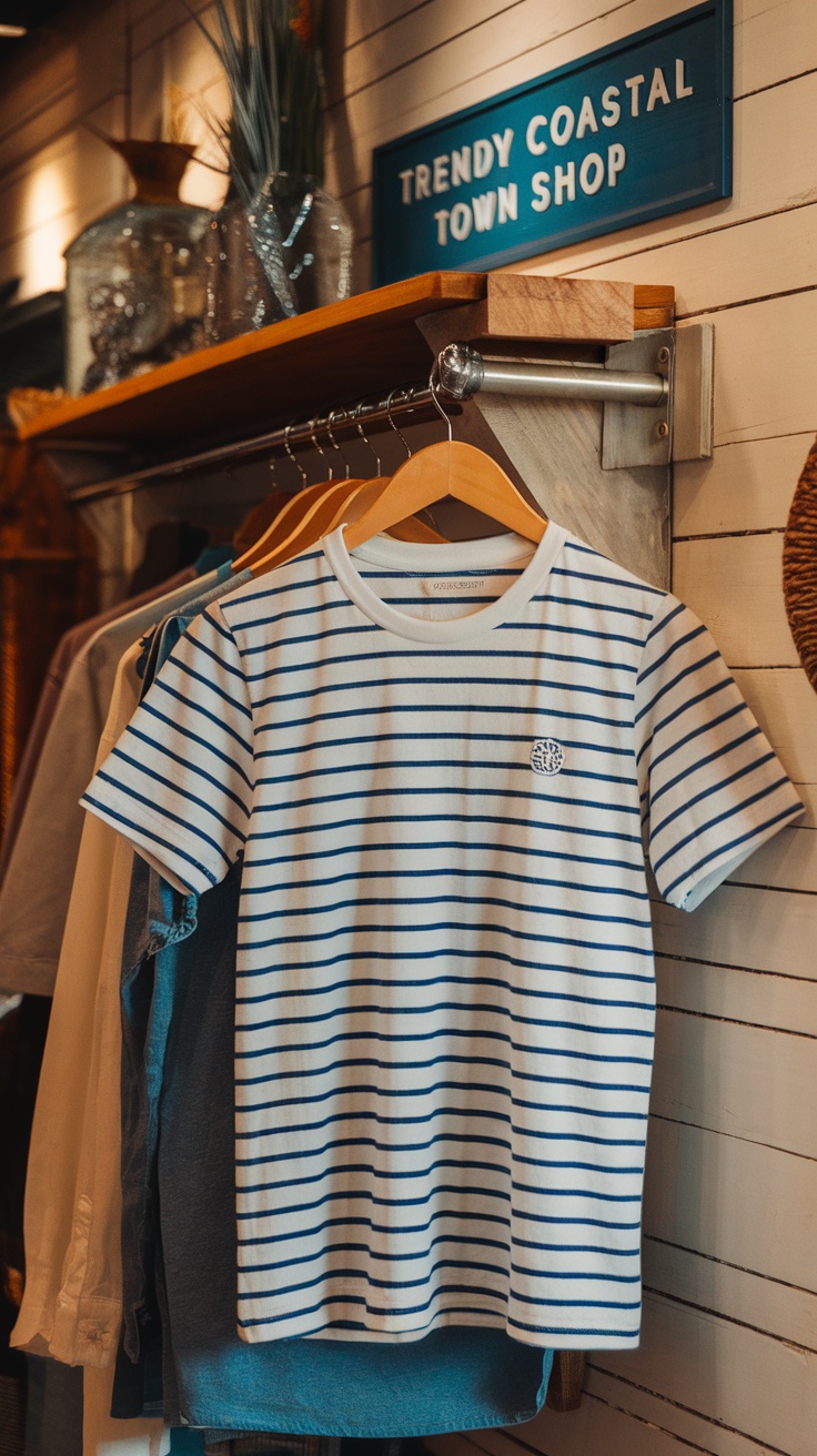 Classic striped t-shirt hanging in a trendy coastal shop