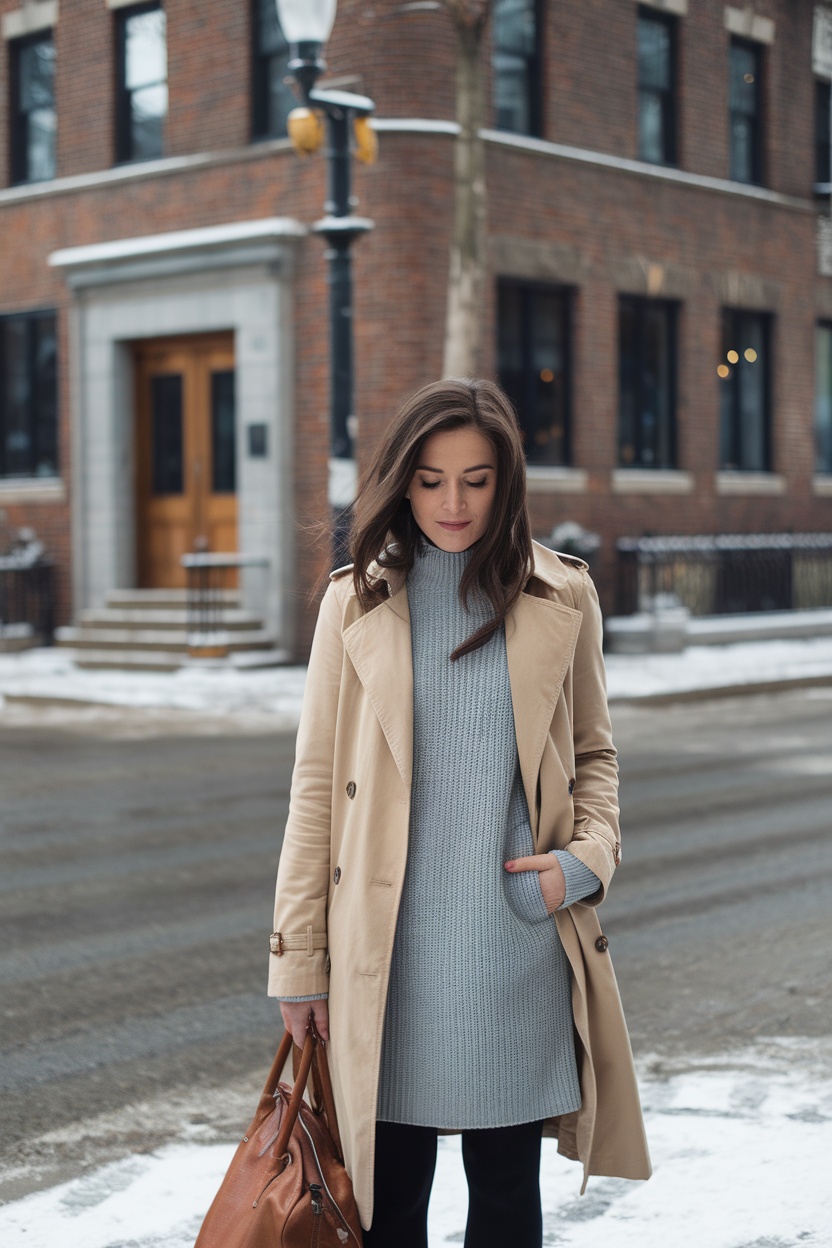 A woman in a beige trench coat and gray sweater dress stands on a snowy street, holding a brown handbag.