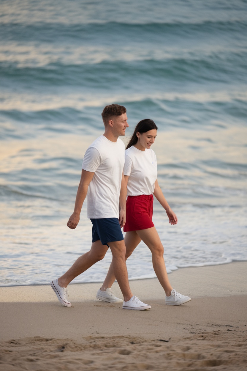 A couple walking on the beach, both wearing white t-shirts, with the woman in red shorts and the man in blue shorts, both in white sneakers.