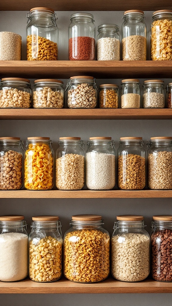 Organized pantry with clear jars filled with various bulk ingredients like pasta, rice, and grains