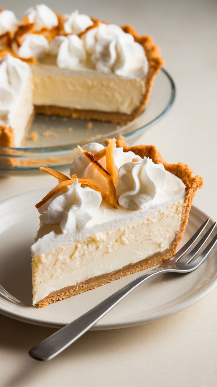 Slice of coconut cream pie topped with whipped cream and coconut flakes