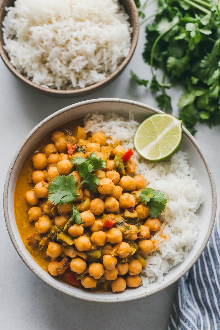 A bowl of coconut curry chickpeas served with rice and garnished with cilantro and lime.