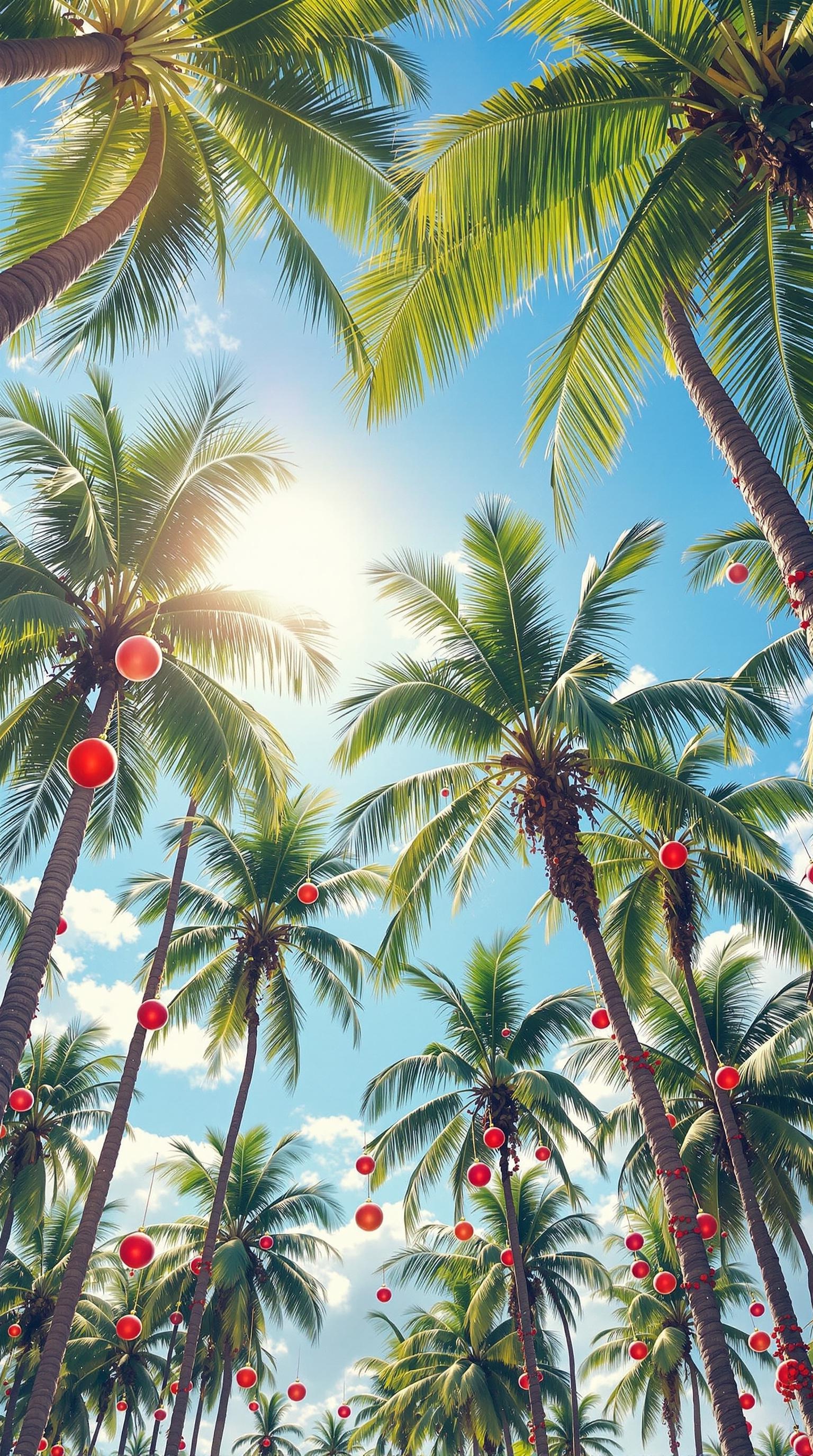 Coconut trees adorned with red ornaments under a sunny sky