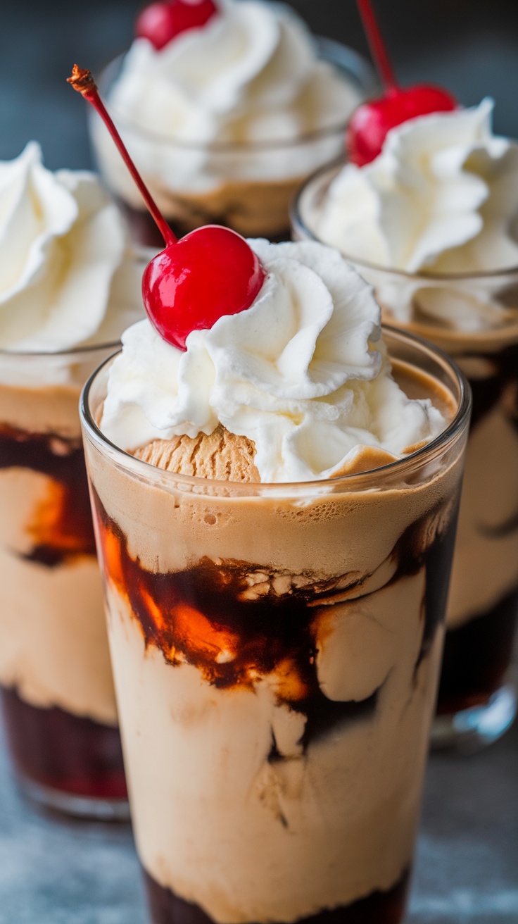 A Coffee Ice Cream Float topped with whipped cream and a cherry