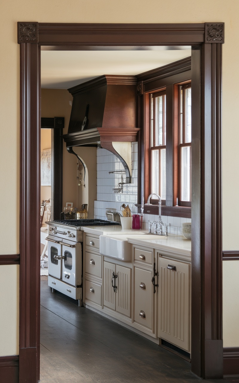 A kitchen showcasing dark cherry trim around windows and doorways, with lighter cabinetry and an elegant range hood.