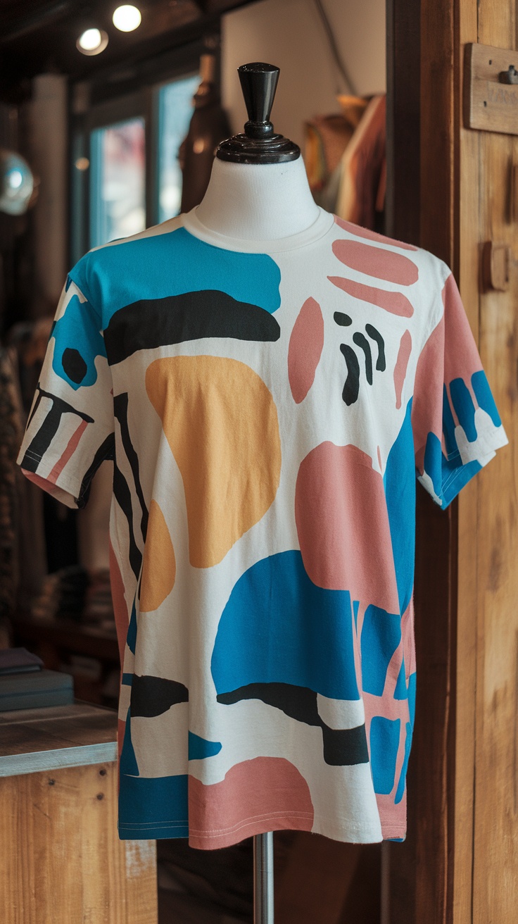 Colorful abstract t-shirt displayed on a mannequin