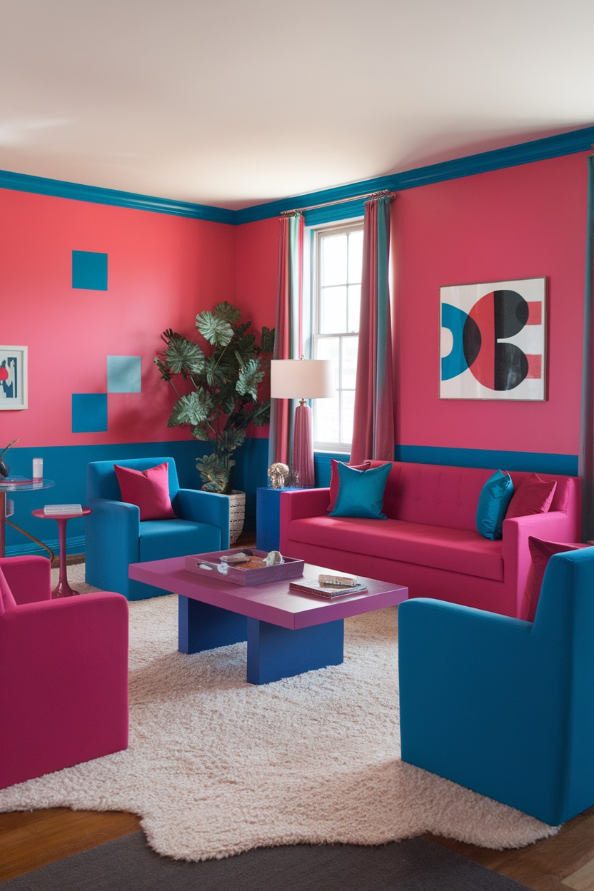 A vibrant living room featuring color-blocked walls in pink and blue with matching furniture.