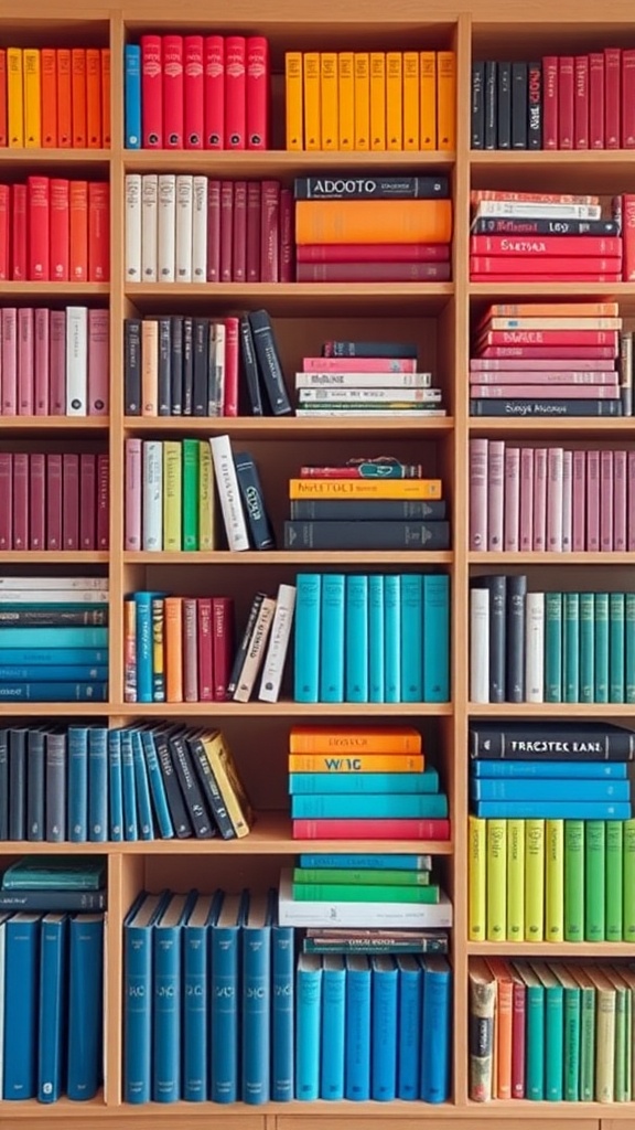 A colorful bookshelf with books arranged in a gradient of colors.