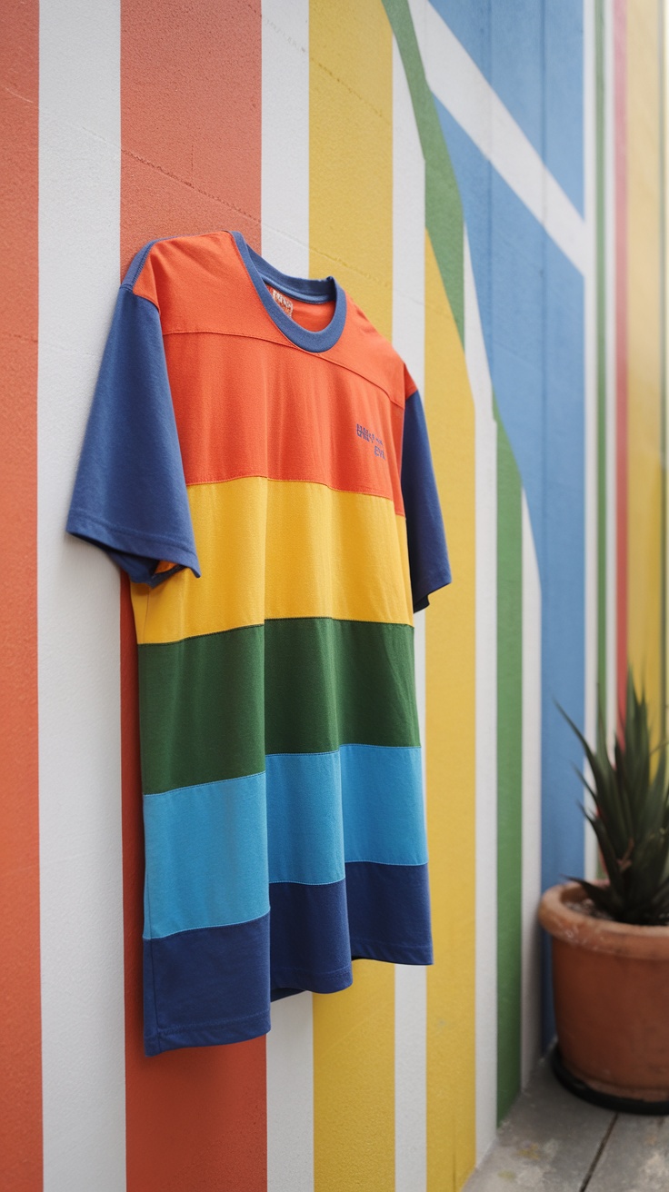 A vibrant color block t-shirt hanging against a colorful wall.