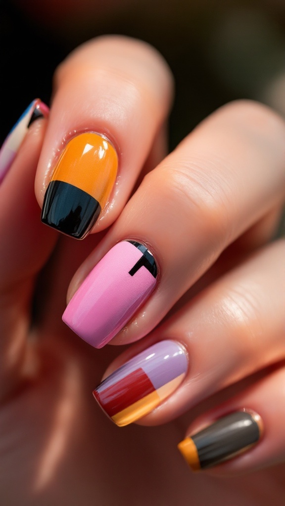 Color blocked nail design featuring vibrant shades like orange, pink, and black with geometric patterns.