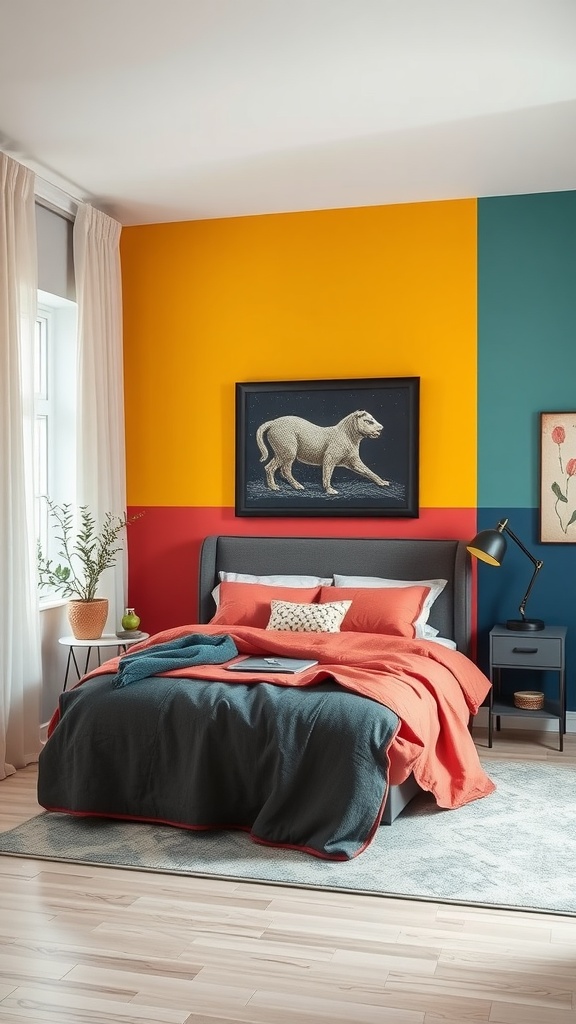 Color blocked bedroom with vibrant walls in yellow, teal, and red, featuring a cozy bed with coral and navy bedding.