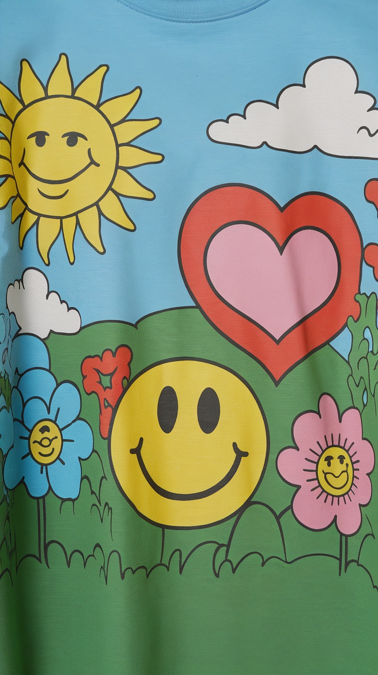 A colorful cartoon-themed t-shirt featuring a smiling sun, heart, and flowers.