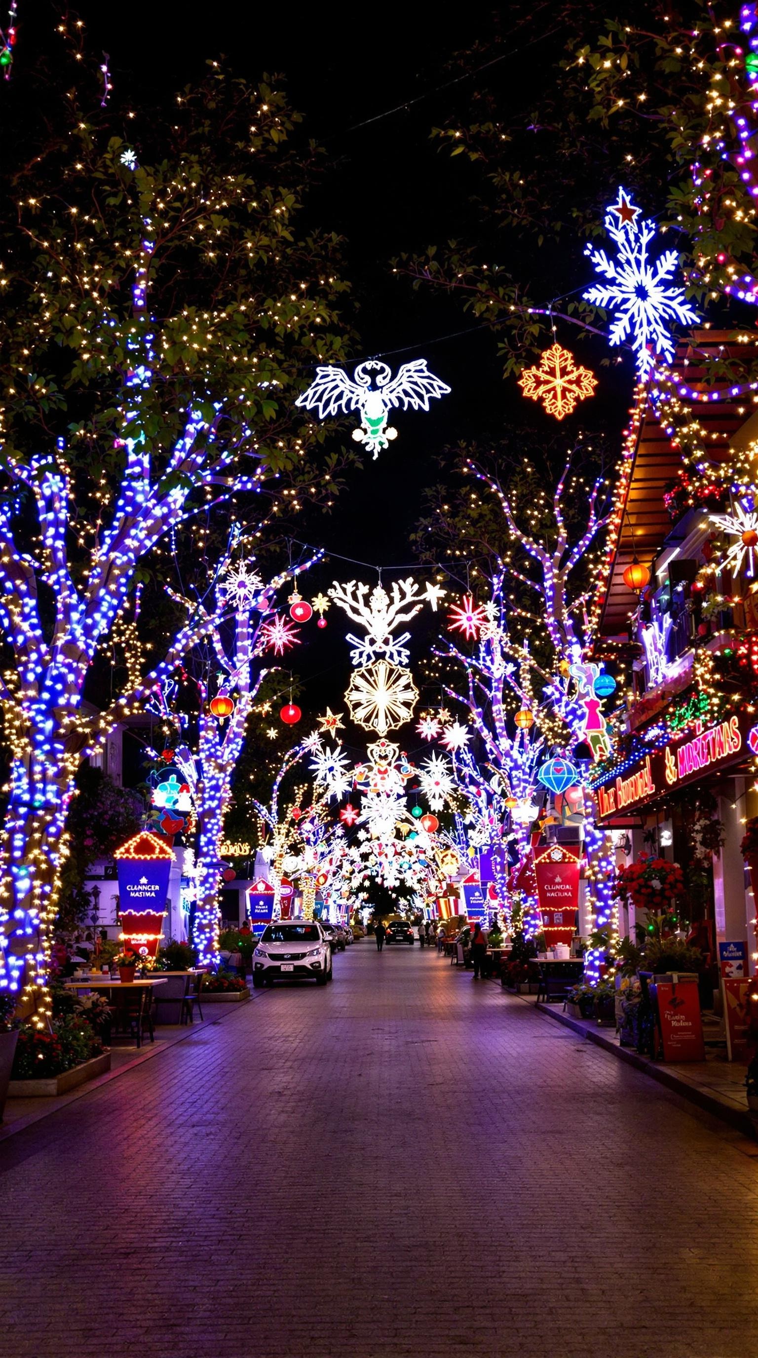 A vibrant street decorated with colorful Christmas lights and festive ornaments.