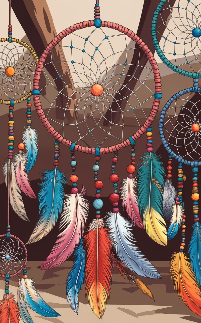 Colorful dreamcatchers with feathers and beads