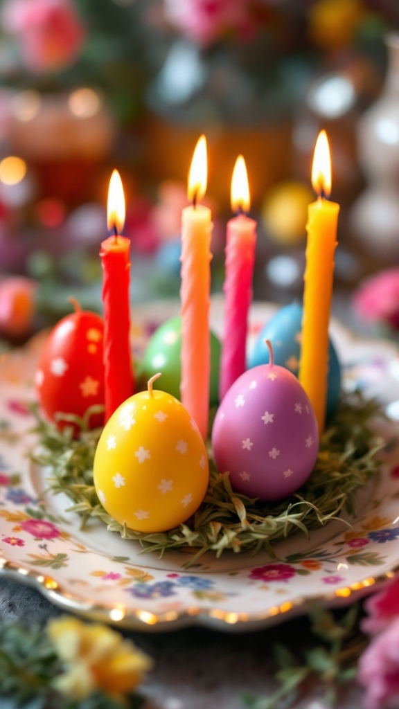 Colorful egg-shaped candles with flames on a decorative plate surrounded by Easter-themed decorations.