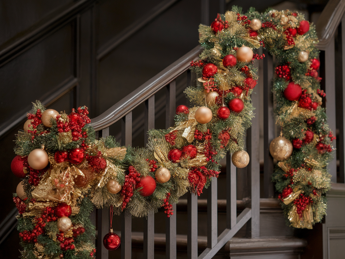 Colorful garland made of red, gold, and greenery draped on a staircase railing.