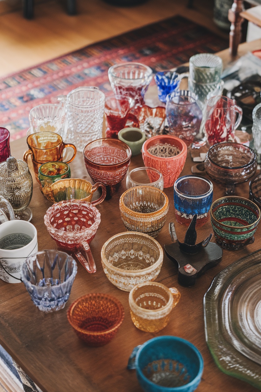 A collection of colorful glassware displayed on a wooden table.