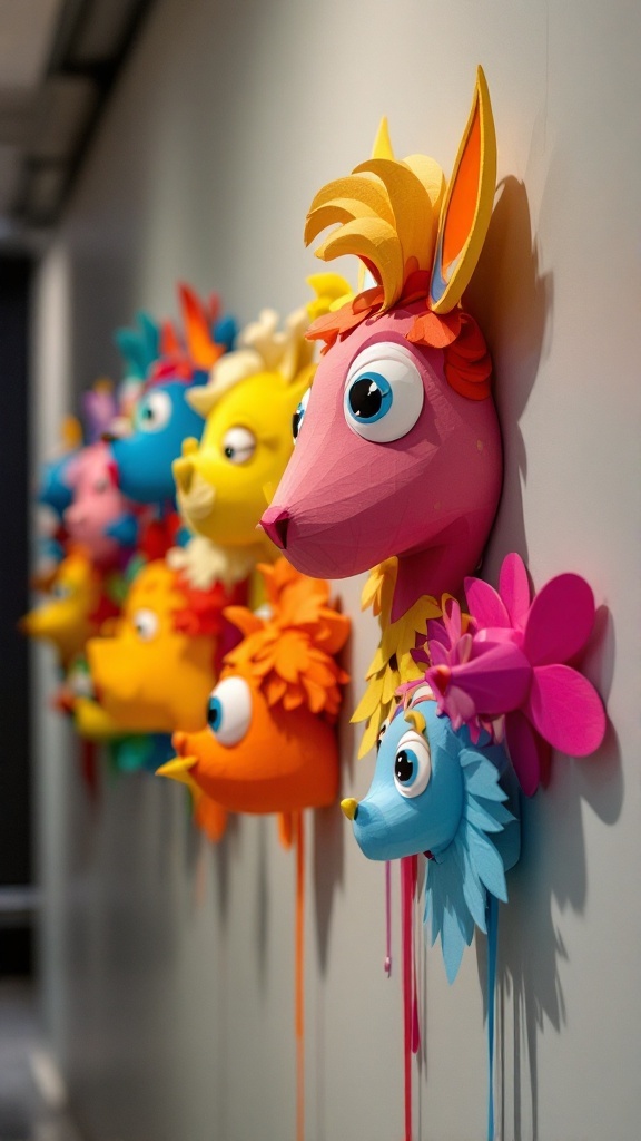 Colorful paper mache animal sculptures mounted on a wall.