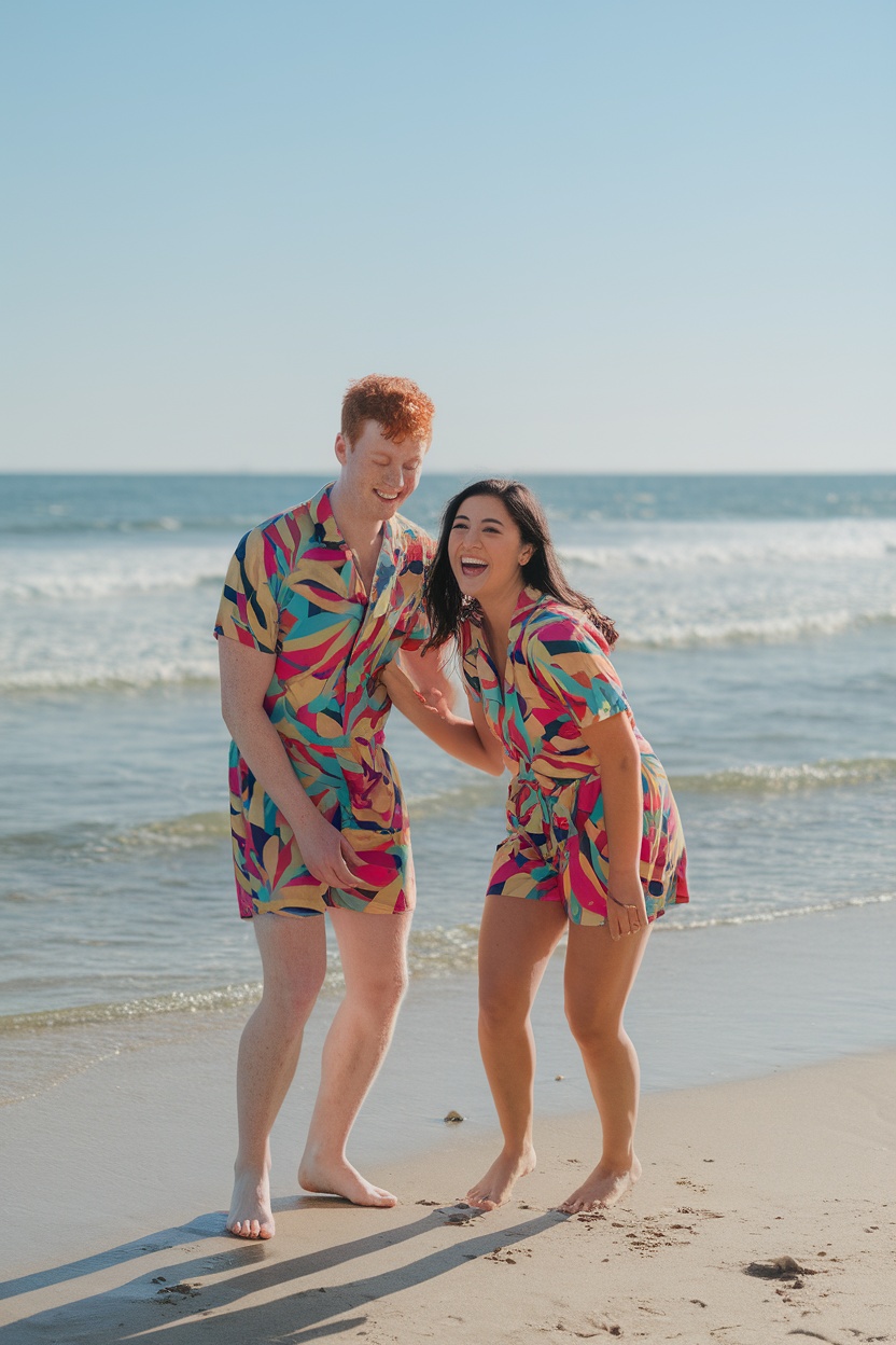 Couple in colorful matching rompers laughing on the beach