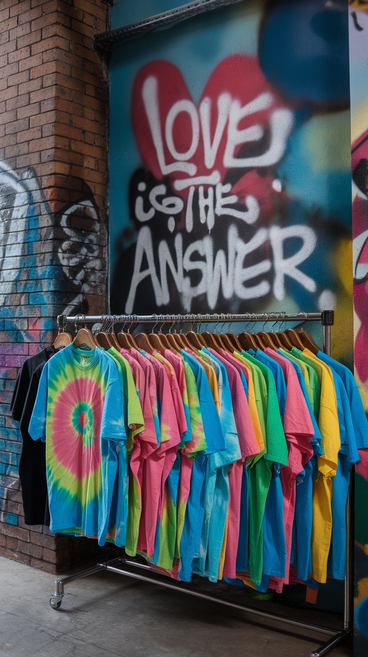 A rack of colorful tie-dye t-shirts hanging in front of graffiti wall with the words 'Love is the answer'