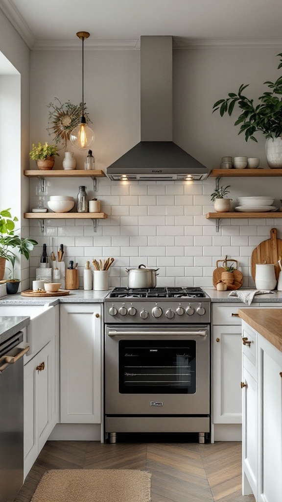 A cozy kitchen with a modern stove, white cabinets, wooden shelves, and plants. It combines modern and classic elements beautifully.