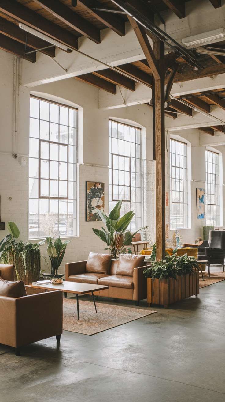 A stylish industrial interior with large windows, plants, and modern furniture.