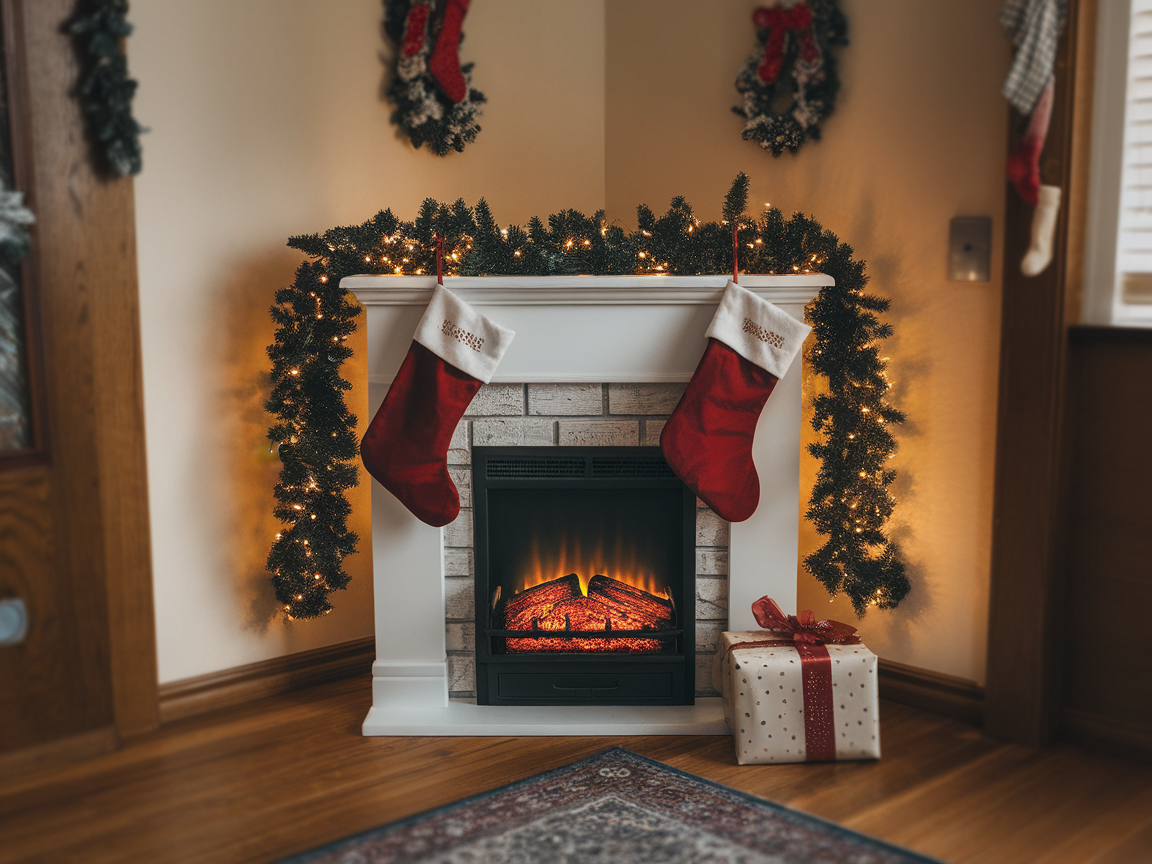 A cozy fireplace decorated for the holidays with stockings, garland, and a gift.