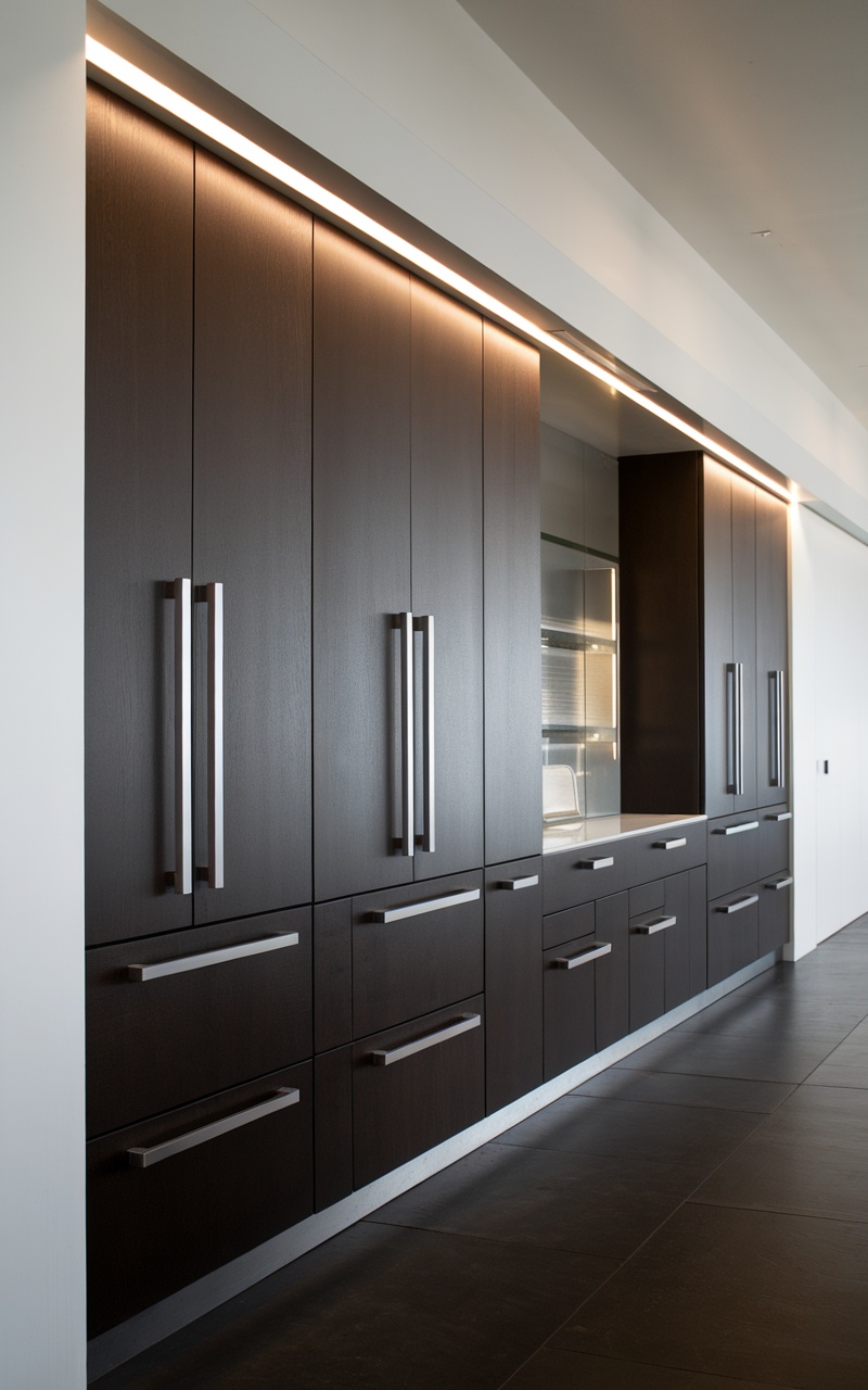 Contemporary kitchen cabinets with dark cherry finish and sleek metal hardware