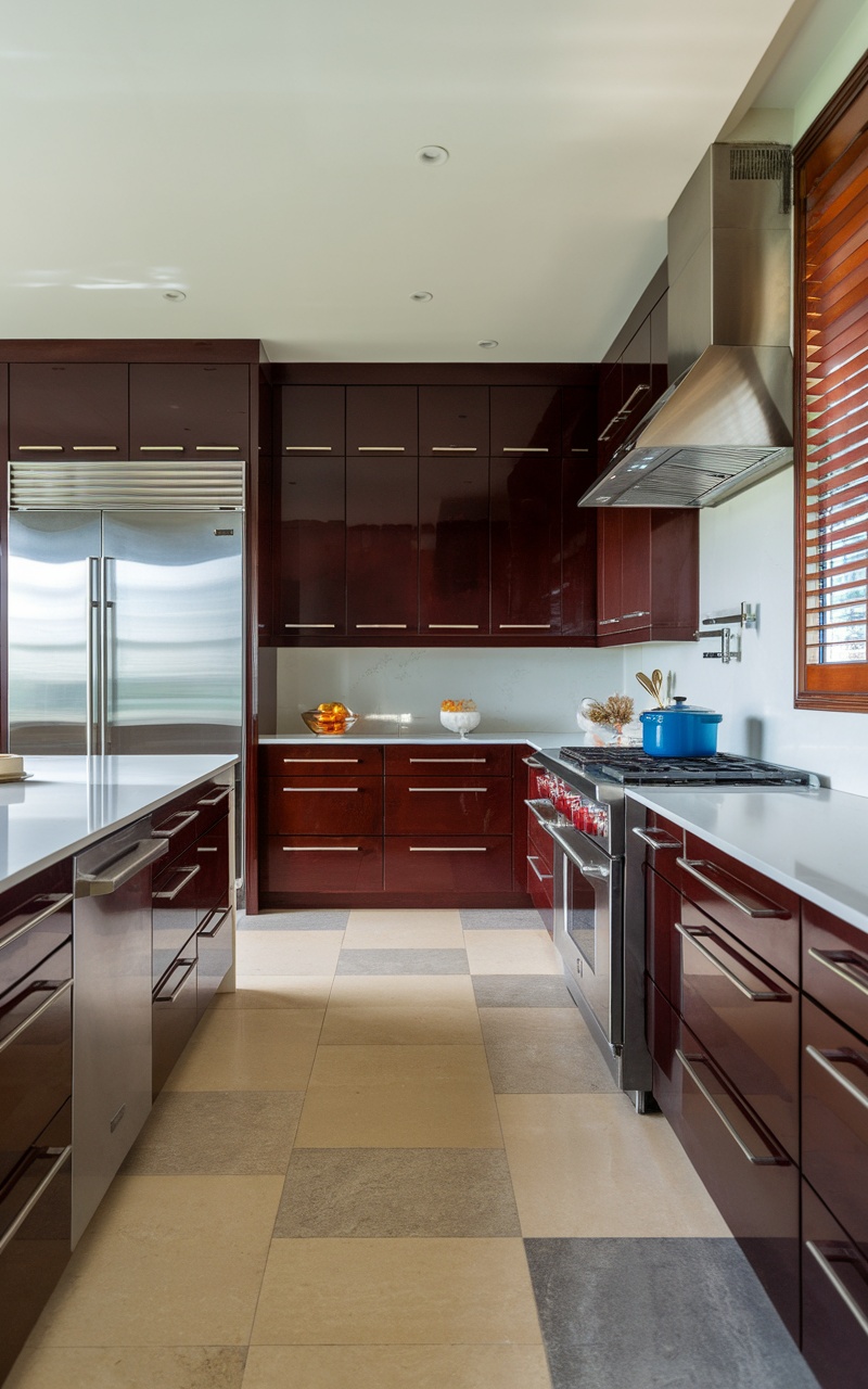 A modern kitchen featuring dark cherry red cabinets and white countertops, enhancing the overall aesthetic.