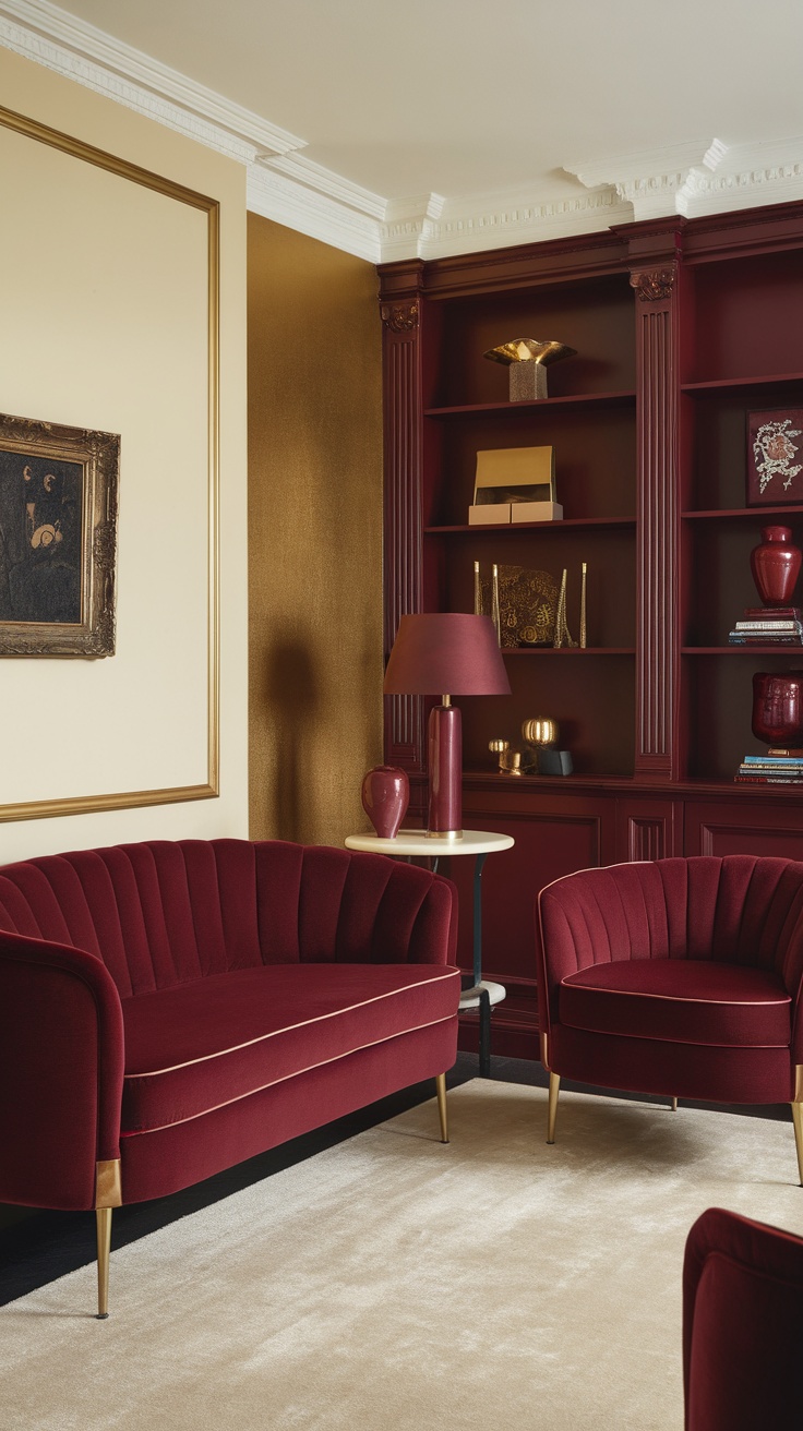 A living room featuring dark cherry red furniture paired with a gold wall and light rug.