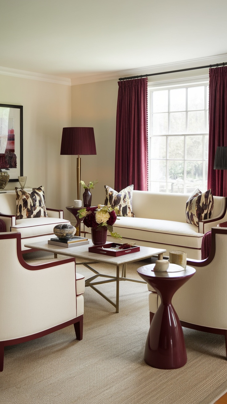 Living room with cream furniture and dark cherry red accents, featuring patterned pillows and floral arrangements.