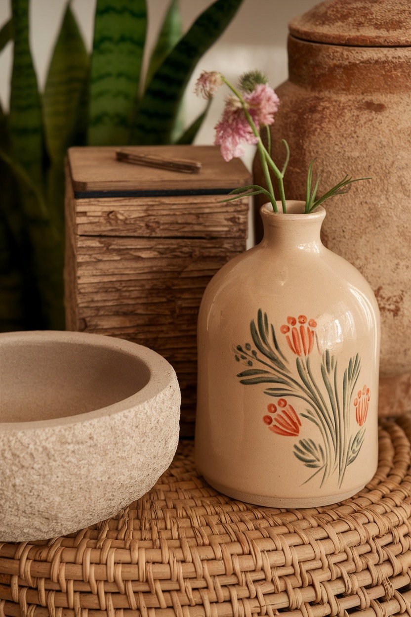 A beige vase with floral design next to a textured stone bowl on a woven surface.