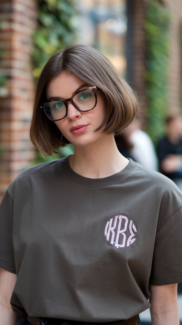 Young woman wearing a brown monogrammed t-shirt with a pink design in an urban setting.