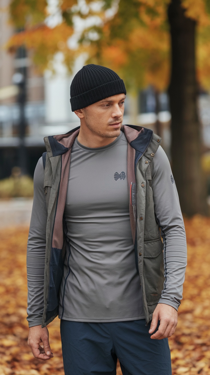 Man wearing a gray long-sleeve tee with a vest and beanie in a fall setting