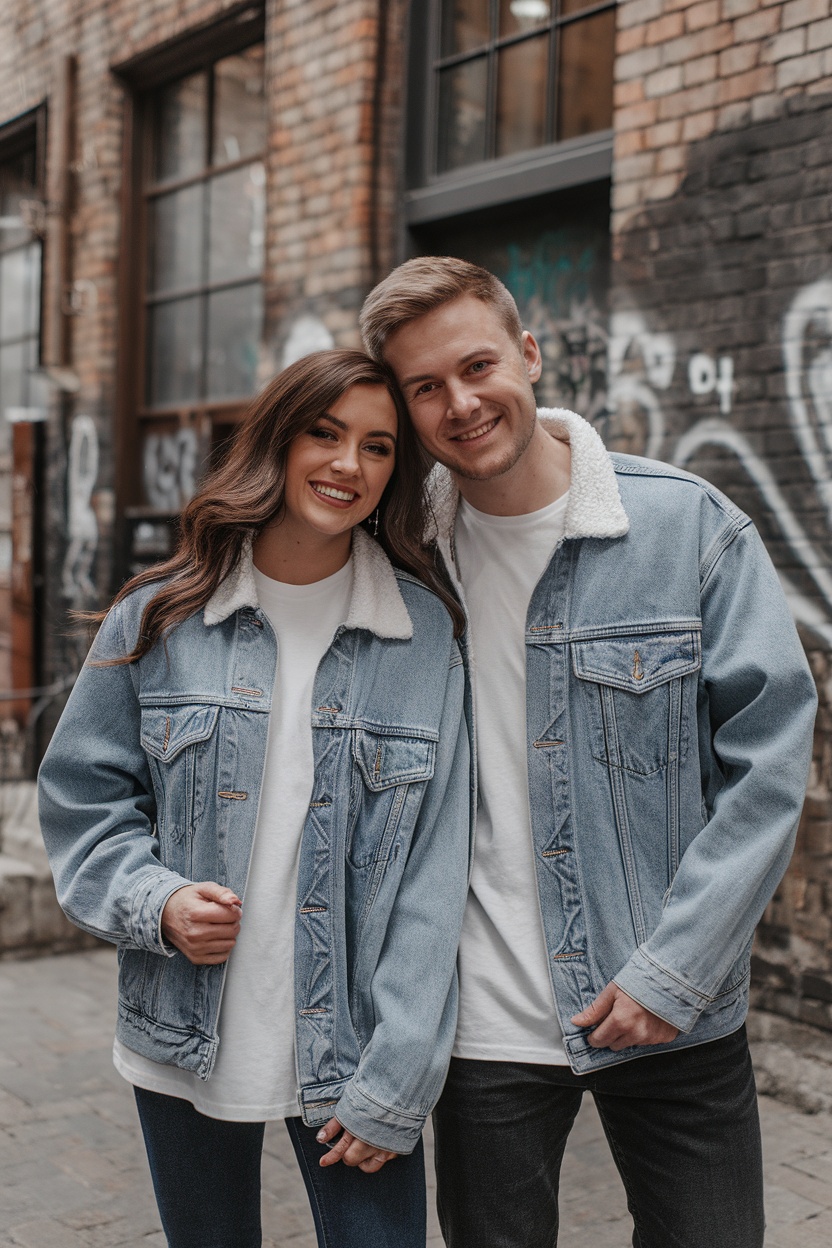 A couple wearing matching denim jackets with white tees, smiling together in an urban setting.