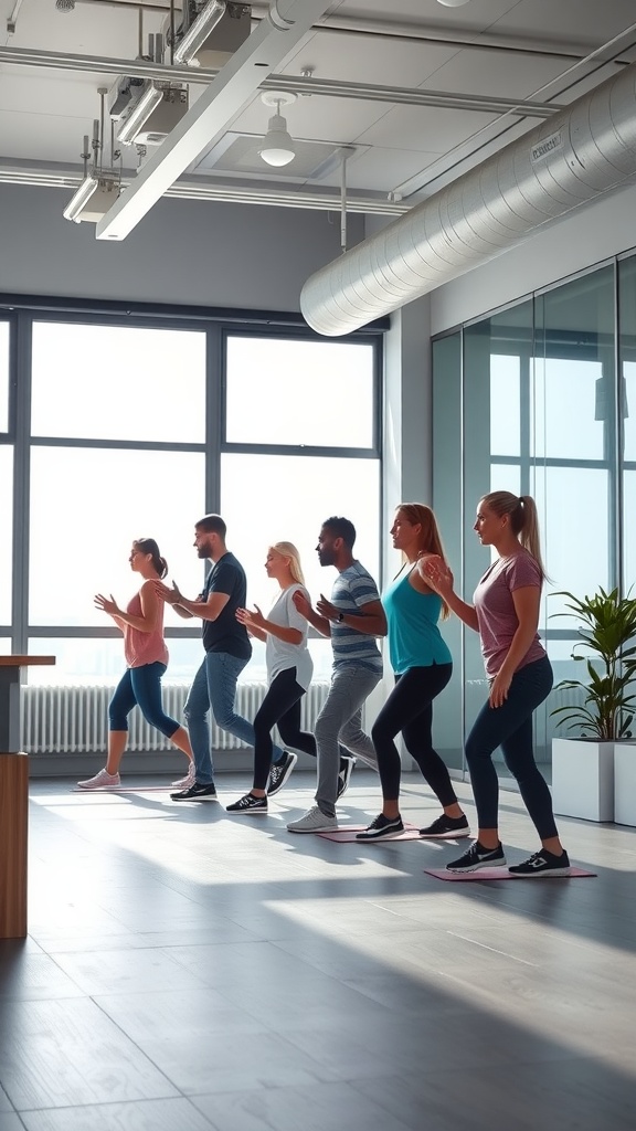A group of people participating in a fitness class in a bright, modern office space